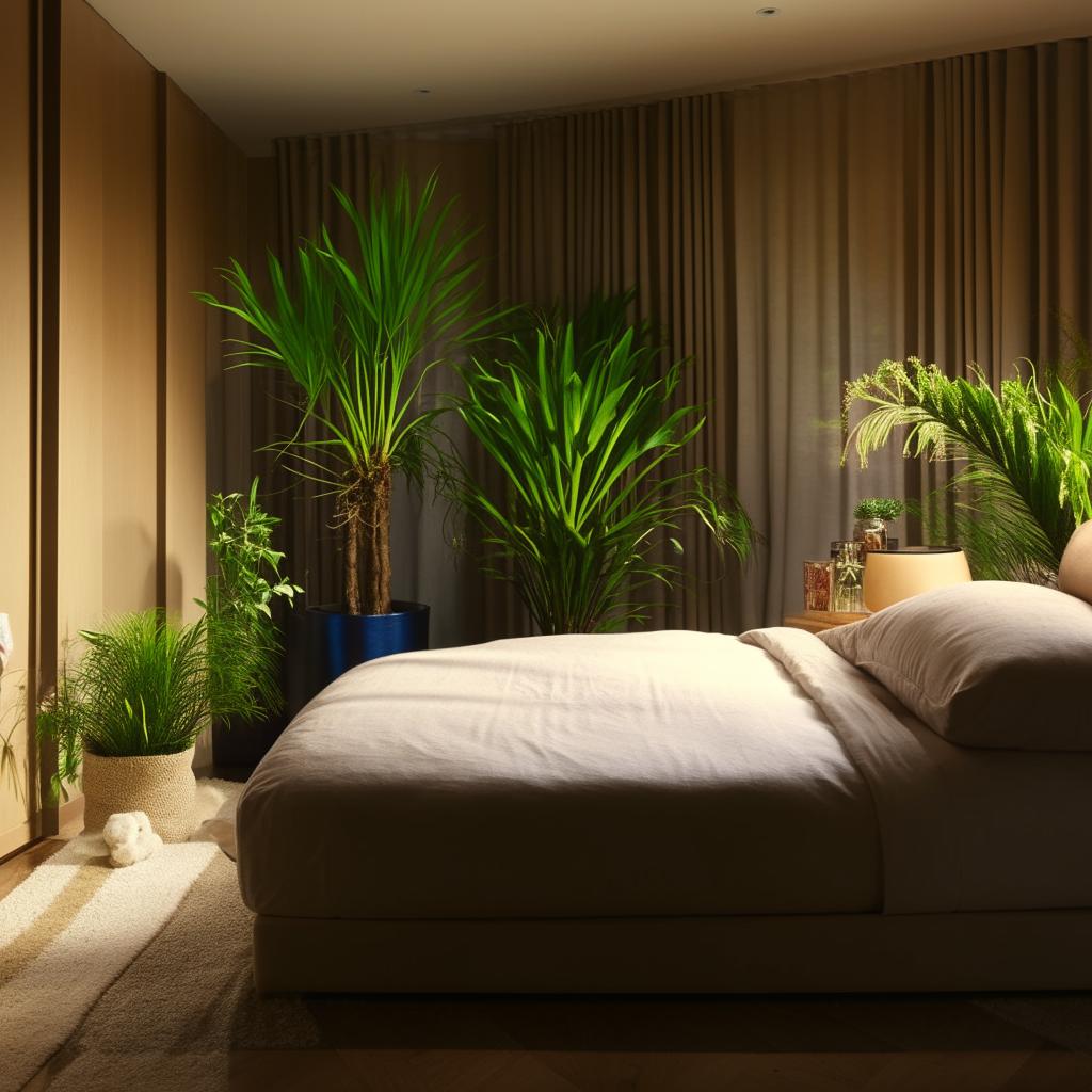 A cozy, well-lit bedroom featuring modern furniture, plush bedding, and a variety of indoor plants.