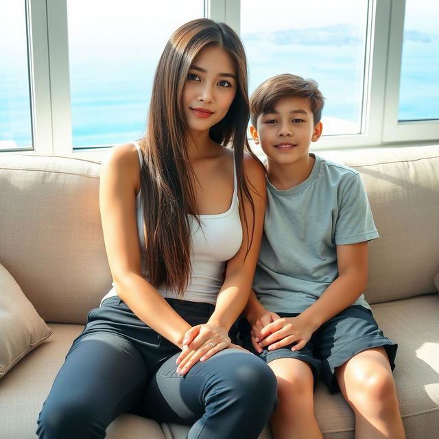 A beautiful woman with a Korean idol-like face, age 18, wearing a tank top and hot pants, long straight hair covering her ears, sitting on a sofa with her 15-year-old younger brother