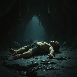 A dark, eerie cave interior showcasing a gruesome scene