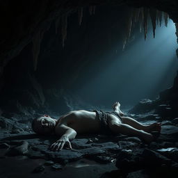 A dark, eerie cave interior showcasing a gruesome scene