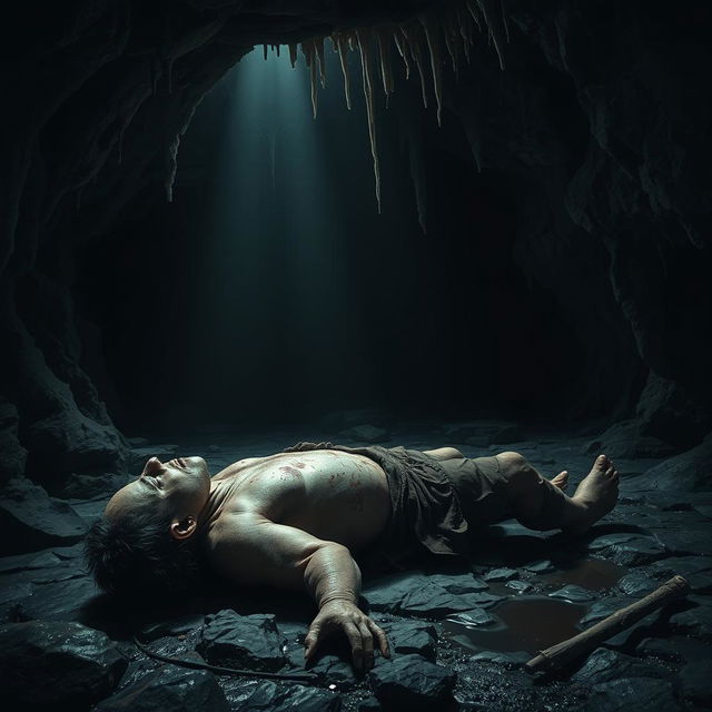 A dark, eerie cave interior showcasing a gruesome scene