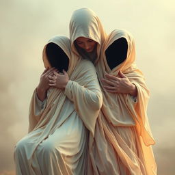 An evocative scene portraying two figures, wounded and falling gently into the comforting arms of Hazrat Zahra (PBUH)