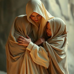 An evocative scene portraying two figures, wounded and falling gently into the comforting arms of Hazrat Zahra (PBUH)
