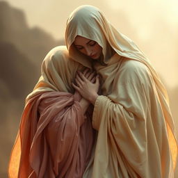 An evocative scene portraying two figures, wounded and falling gently into the comforting arms of Hazrat Zahra (PBUH)