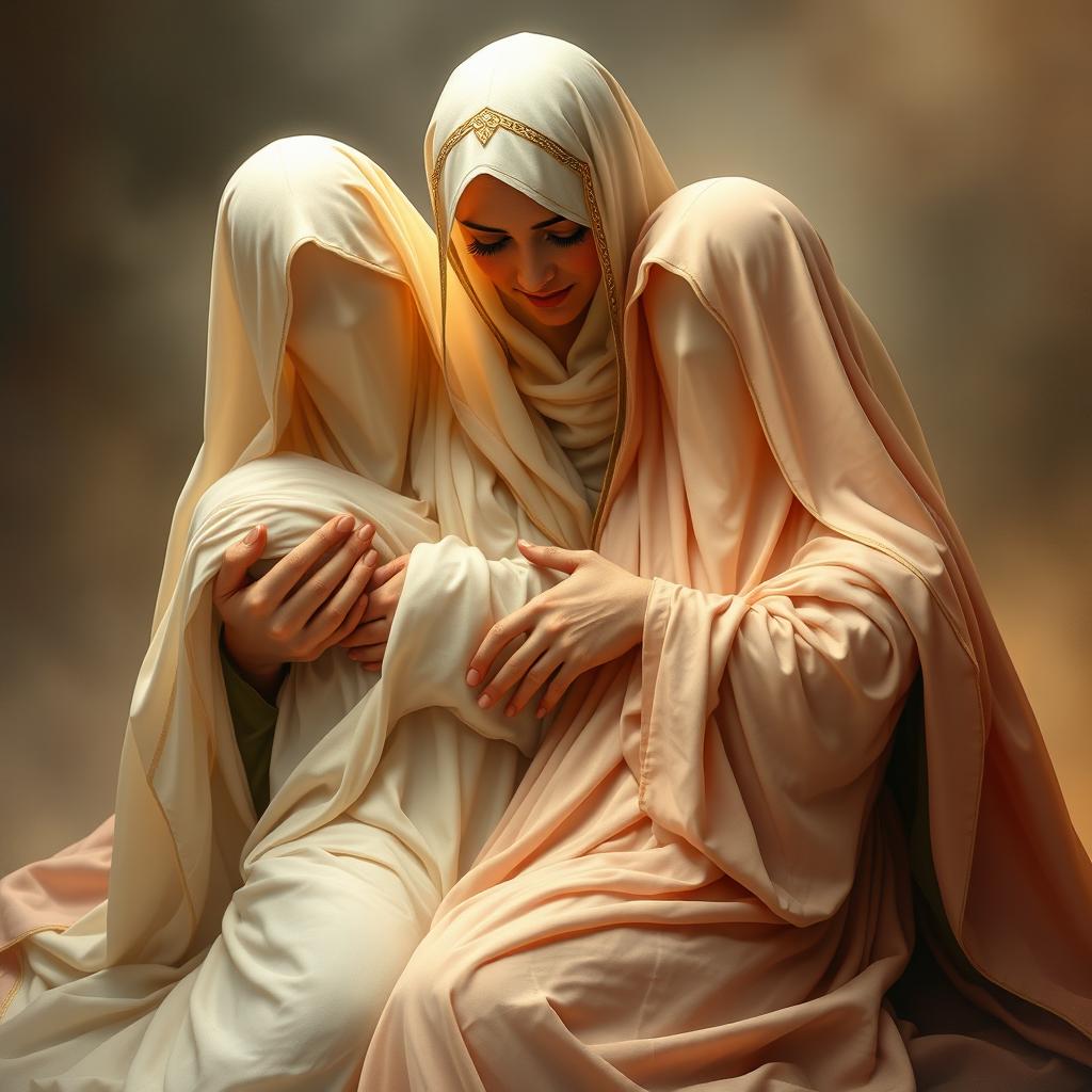 An evocative scene portraying two figures, wounded and falling gently into the comforting arms of Hazrat Zahra (PBUH)