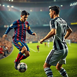A captivating scene featuring Messi and Ronaldo during a classic football match, both players showcasing their signature styles