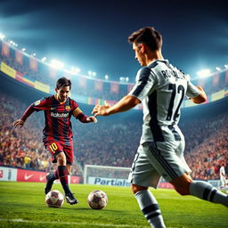 A captivating scene featuring Messi and Ronaldo during a classic football match, both players showcasing their signature styles