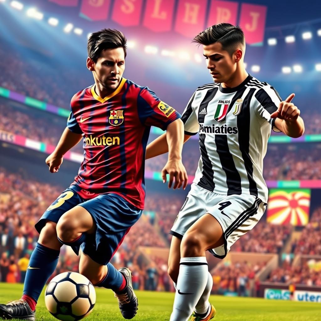 A captivating scene featuring Messi and Ronaldo during a classic football match, both players showcasing their signature styles