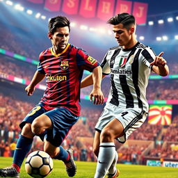 A captivating scene featuring Messi and Ronaldo during a classic football match, both players showcasing their signature styles