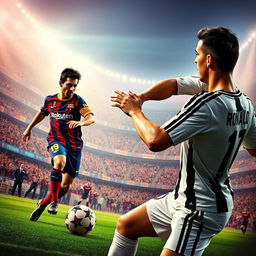 A captivating scene featuring Messi and Ronaldo during a classic football match, both players showcasing their signature styles