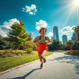 A dynamic and energetic scene of a person running in a vibrant urban environment, capturing the feeling of freedom and movement