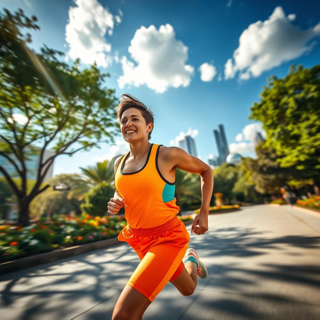 A dynamic and energetic scene of a person running in a vibrant urban environment, capturing the feeling of freedom and movement