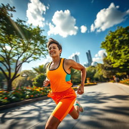 A dynamic and energetic scene of a person running in a vibrant urban environment, capturing the feeling of freedom and movement