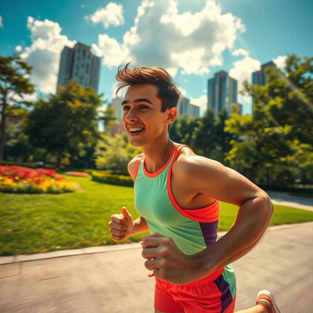 A dynamic and energetic scene of a person running in a vibrant urban environment, capturing the feeling of freedom and movement