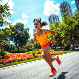 A dynamic and energetic scene of a person running in a vibrant urban environment, capturing the feeling of freedom and movement
