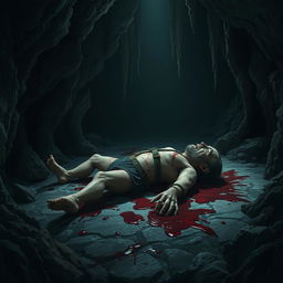 A chilling scene inside a dark, foreboding cave featuring a gruesome tableau
