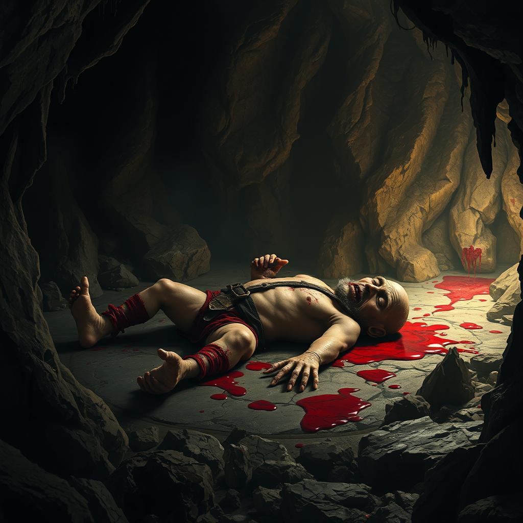 A chilling scene inside a dark, foreboding cave featuring a gruesome tableau