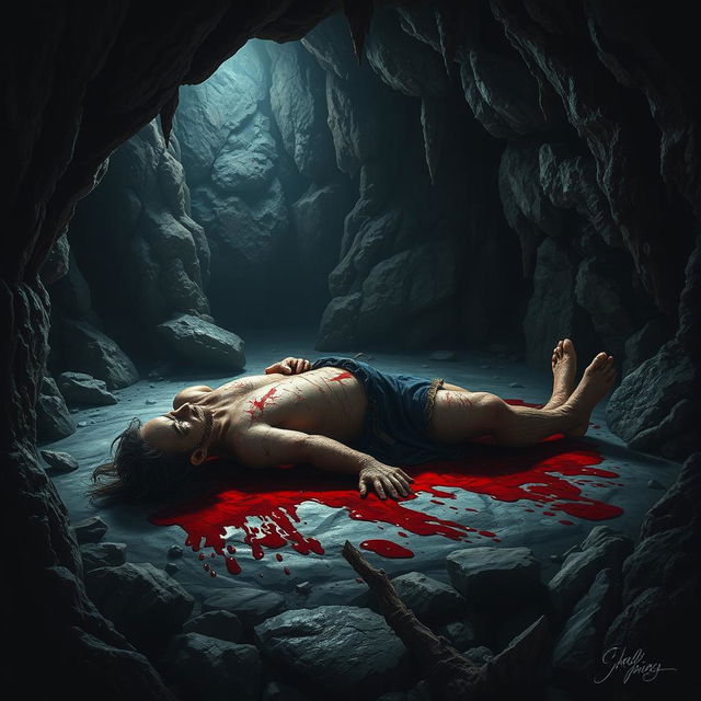 A chilling scene inside a dark, foreboding cave featuring a gruesome tableau