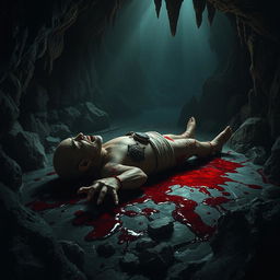 A chilling scene inside a dark, foreboding cave featuring a gruesome tableau