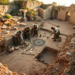 A captivating scene showcasing ancient archaeological finds from destroyed cities