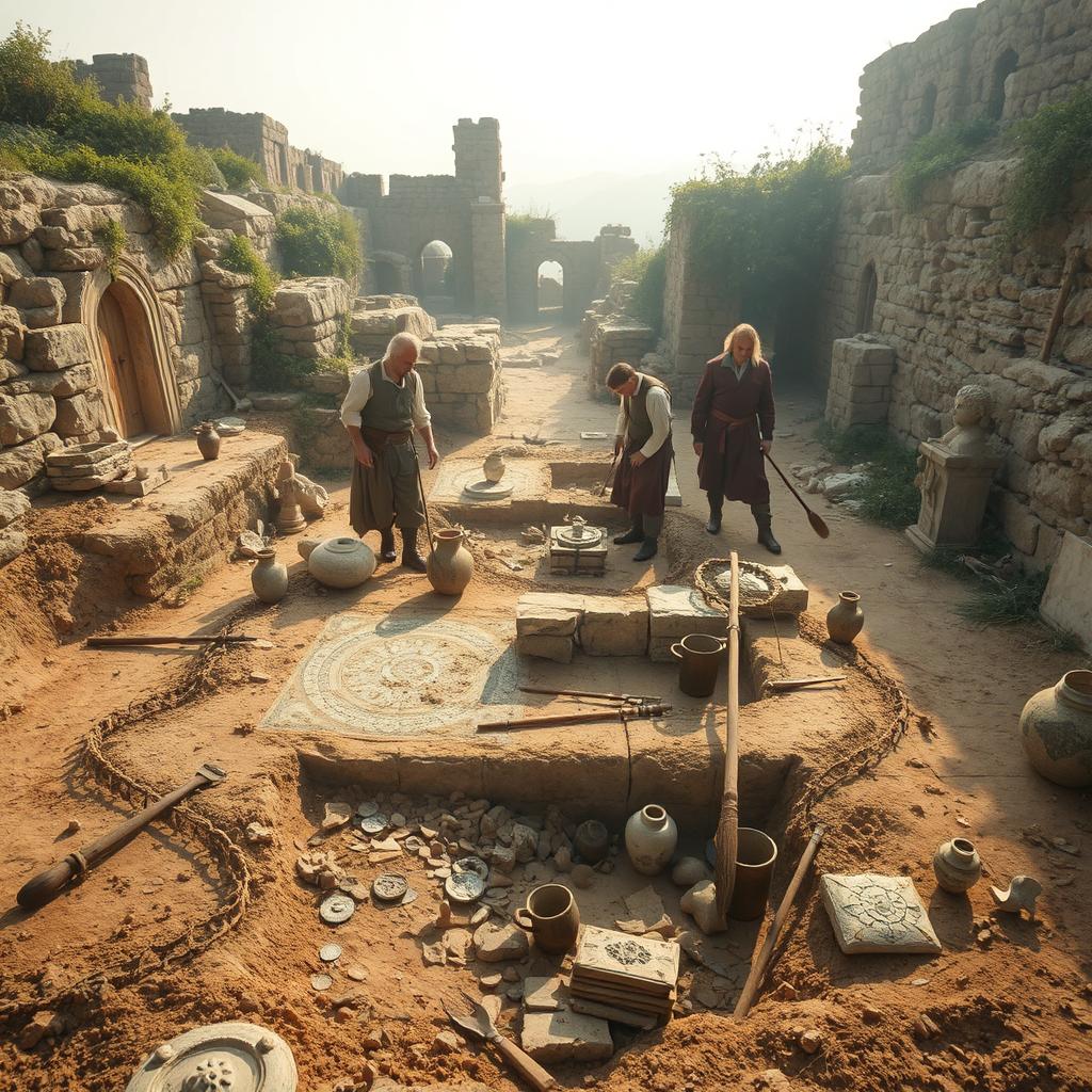 A captivating scene showcasing ancient archaeological finds from destroyed cities