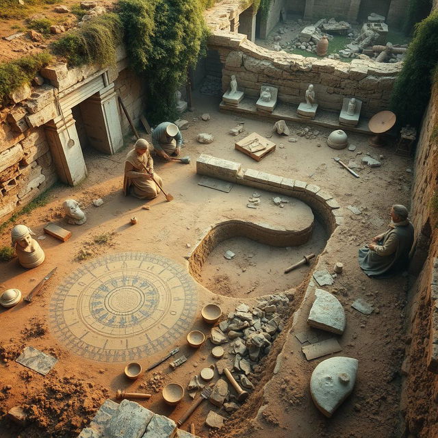 A captivating scene showcasing ancient archaeological finds from destroyed cities