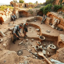 A captivating scene showcasing ancient archaeological finds from destroyed cities