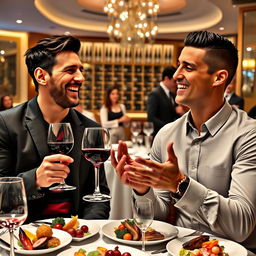 A vibrant scene of two iconic football legends, Lionel Messi and Cristiano Ronaldo, enjoying a meal together at a luxurious restaurant