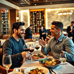 A vibrant scene of two iconic football legends, Lionel Messi and Cristiano Ronaldo, enjoying a meal together at a luxurious restaurant