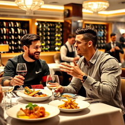 A vibrant scene of two iconic football legends, Lionel Messi and Cristiano Ronaldo, enjoying a meal together at a luxurious restaurant