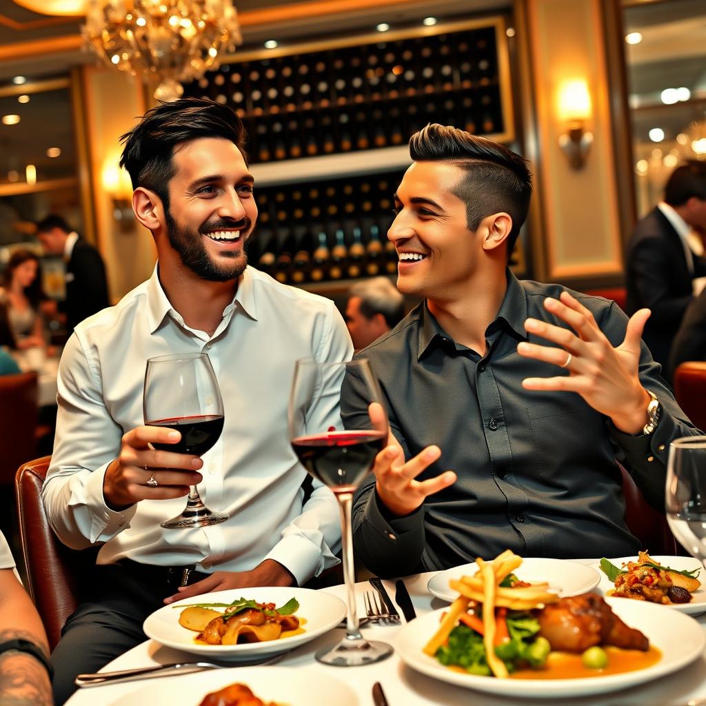 A vibrant scene of two iconic football legends, Lionel Messi and Cristiano Ronaldo, enjoying a meal together at a luxurious restaurant
