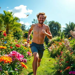 A person joyfully running in a lush, vibrant garden filled with colorful flowers, greenery, and trees