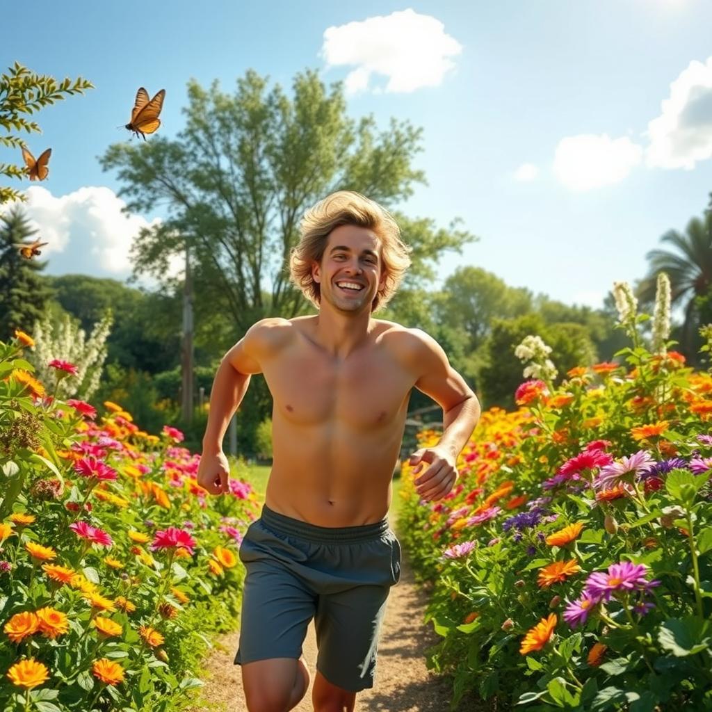 A person joyfully running in a lush, vibrant garden filled with colorful flowers, greenery, and trees