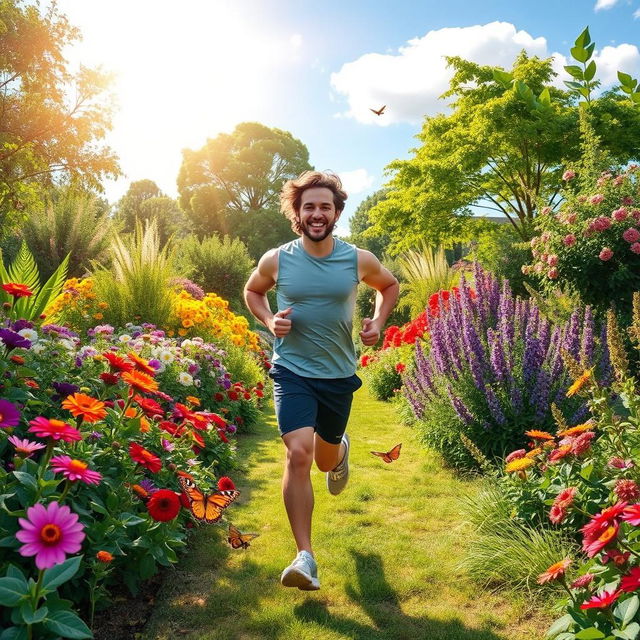 A person joyfully running in a lush, vibrant garden filled with colorful flowers, greenery, and trees