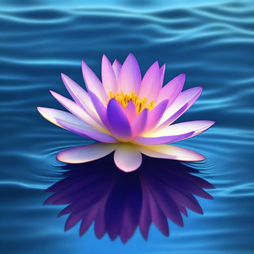 A vibrant digital art depiction of a single, radiant flower floating serenely on the surface of a calm ocean