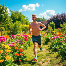 A person joyfully running in a lush, vibrant garden filled with colorful flowers, greenery, and trees