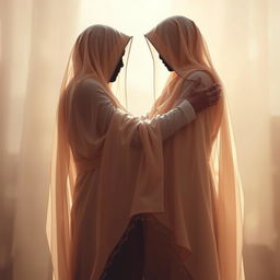 A touching scene depicting a figure gently falling into the welcoming arms of Hazrat Zahra (PBUH)