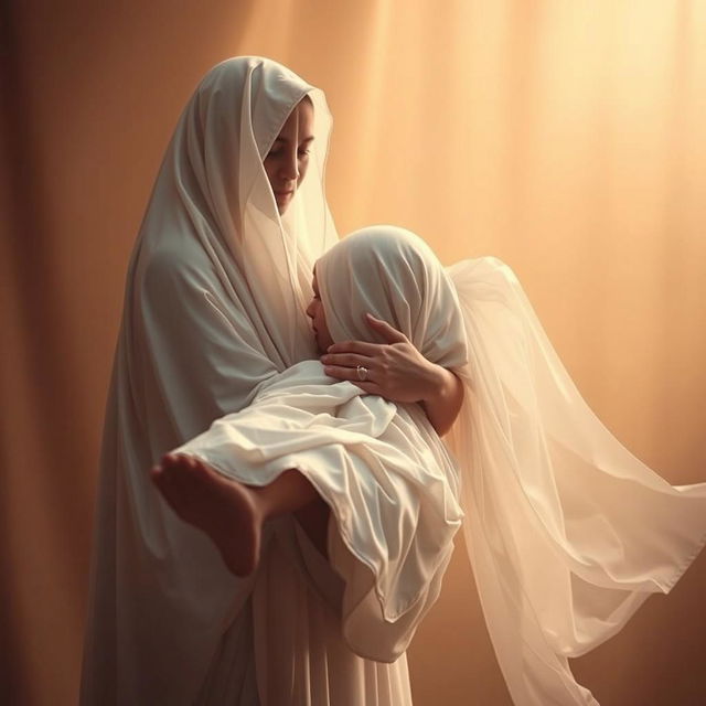 A touching scene depicting a figure gently falling into the welcoming arms of Hazrat Zahra (PBUH)