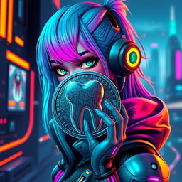 A futuristic avatar featuring a character with a shiny, metallic tooth-shaped coin as a prominent accessory