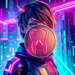 A futuristic avatar featuring a character with a shiny, metallic tooth-shaped coin as a prominent accessory