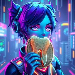 A futuristic avatar featuring a character with a shiny, metallic tooth-shaped coin as a prominent accessory