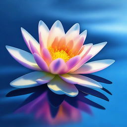 A vibrant digital art depiction of a single, radiant flower floating serenely on the surface of a calm ocean