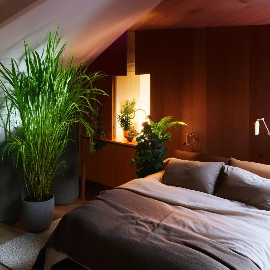 A cozy, well-lit bedroom featuring modern furniture, plush bedding, and a variety of indoor plants.