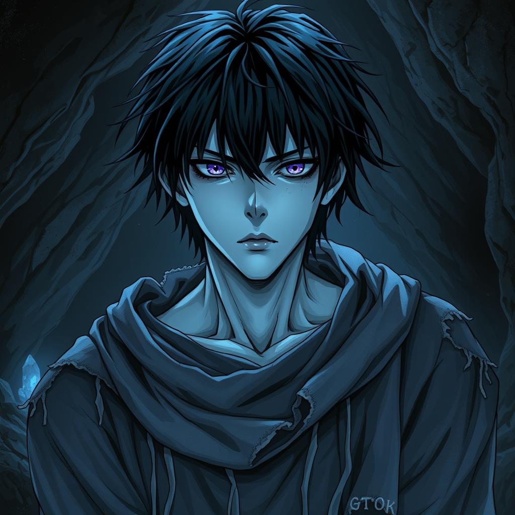 A captivating manga light novel series cover featuring a male undead character with shaggy black hair and striking pale blue skin, giving him an eerie yet intriguing appearance