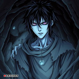 A captivating manga light novel series cover featuring a male undead character with shaggy black hair and striking pale blue skin, giving him an eerie yet intriguing appearance