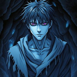 A captivating manga light novel series cover featuring a male undead character with shaggy black hair and striking pale blue skin, giving him an eerie yet intriguing appearance