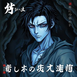 A captivating manga light novel series cover featuring a male undead character with shaggy black hair and striking pale blue skin, giving him an eerie yet intriguing appearance