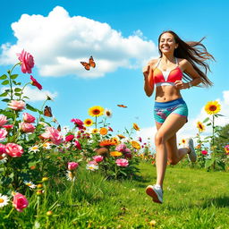 A joyful scene of a woman running in a vibrant garden filled with blooming flowers, green grass, and bright sunshine