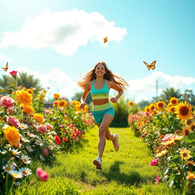 A joyful scene of a woman running in a vibrant garden filled with blooming flowers, green grass, and bright sunshine