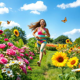 A joyful scene of a woman running in a vibrant garden filled with blooming flowers, green grass, and bright sunshine